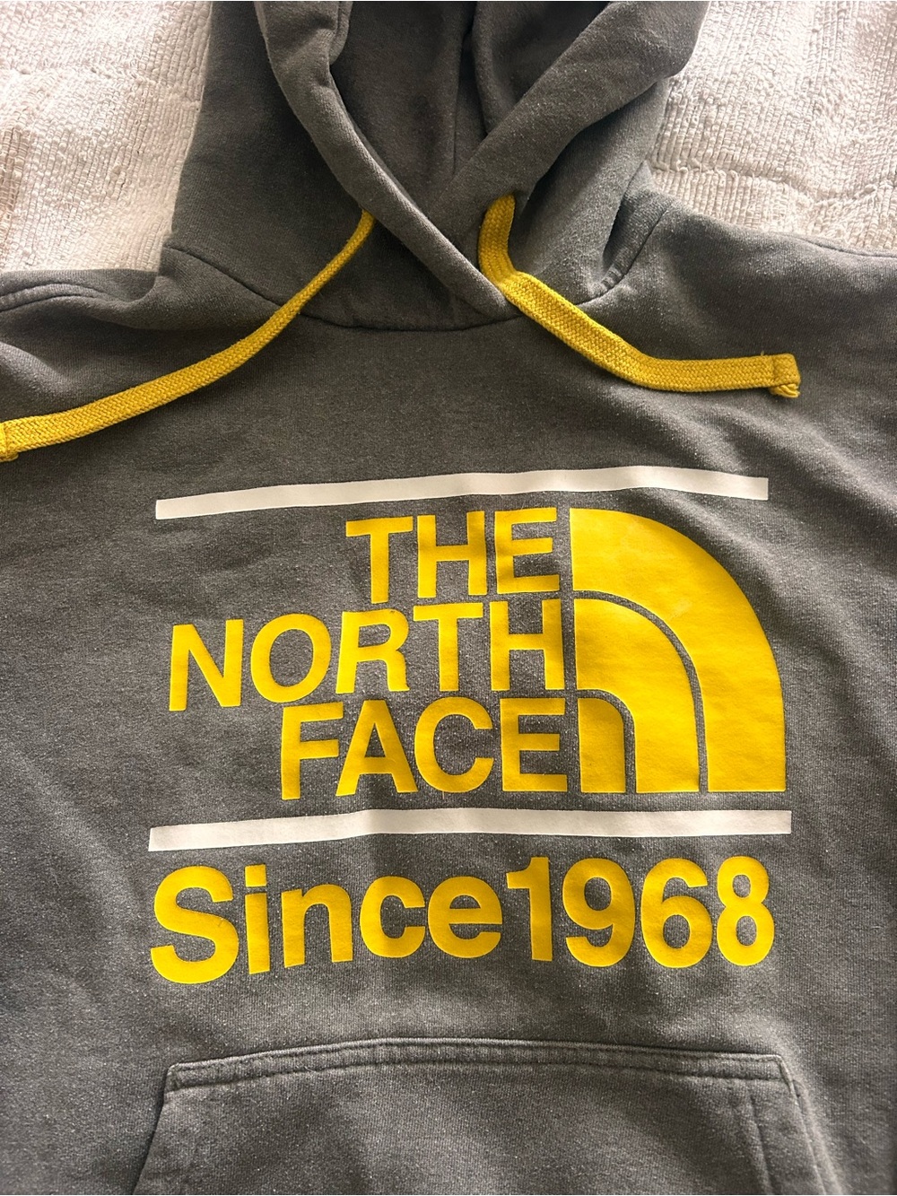 The North Face Gray Hoodie with Yellow Logo and Drawcords